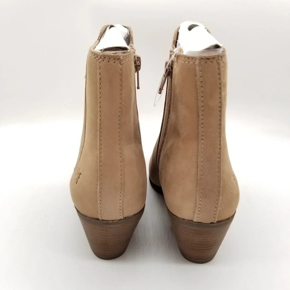 Frye Women Sandra Ankle‎ Boots Booties Sz 9 M Taupe Leather Side Zip Block Heel